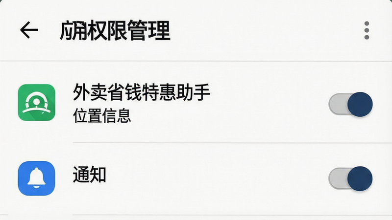 一张手机设置界面截图,主体为Android系统的“应用权限管理”页面,高亮显示“外卖省钱特惠助手”的“位置信息”与“通知”权限开关状态。背景为纯白色,布局清晰,文字黑色,风格简洁明了。细节处显示权限图标与开关按钮。画质清晰,无模糊,无多余图标。