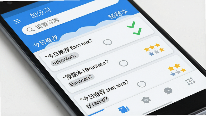 主体为安卓手机屏幕特写,显示“加分习题”APP界面,布局清晰,顶部有搜索栏,中间列表展示多道选择题,底部有导航栏,风格为扁平化现代教育UI,色调以蓝白为主,细节处有对勾和星星图标表示正确率,文字清晰显示“今日推荐”、“错题本”,画质高清,干净,无多余元素