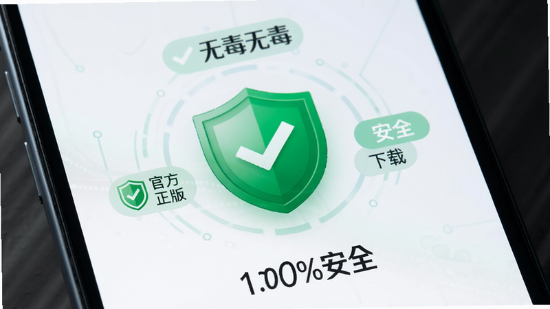 主体为手机屏幕显示“安全认证”标识,布局简洁,中心为绿色盾牌图标,周围环绕“官方正版”、“无毒无毒”、“安全下载”文字标签,风格为信任感科技风,细节处有对勾符号,文字清晰显示“100%安全”,画质高清,干净,无多余元素