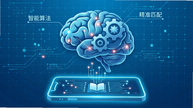 主体为抽象的大脑与齿轮结合的概念图,背景为浅蓝色科技网格,前景展示一个发光的手机轮廓,内部有数据流线条连接至书本图标,布局中心对称,风格为科技感插画,细节展示数据节点闪烁,文字标注“智能算法”、“精准匹配”,画质细腻,干净,无多余元素