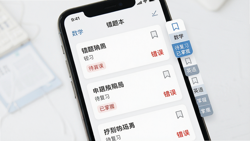 主体为手机屏幕展示“错题本”界面,布局为卡片式列表,每张卡片显示题目摘要和红色错误标记,侧边栏有分类标签如“数学”、“英语”,风格为简约教育风,细节处有书签图标和筛选按钮,文字清晰显示“待复习”、“已掌握”,画质高清,干净,无多余元素
