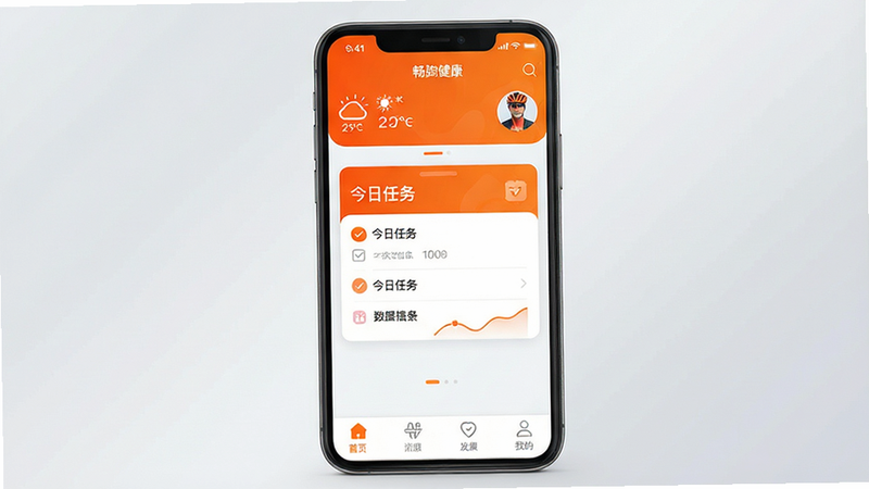 一张高清手机应用界面展示图,主体为“畅跑健康”APP首页,界面风格清新简约,主色调为活力橙与白色,顶部显示实时天气与骑手头像,中部为醒目的“今日任务”卡片,底部导航栏清晰可见,背景为柔和的浅灰色渐变,无多余装饰,画质清晰,细节丰富,专业UI设计风格