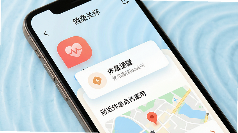 手机界面显示“健康关怀”页面,包含心率监测图标、休息提醒弹窗、附近休息点地图标记,色调温暖柔和,强调人文关怀,字体清晰易读,背景为淡蓝色波纹纹理,干净简洁,无其他干扰文字,高分辨率