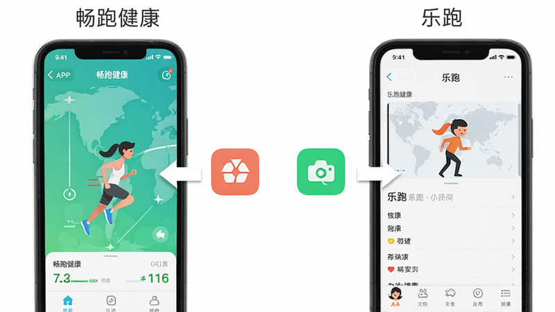 两个手机并排对比图,左侧显示“畅跑健康”APP界面,右侧显示“乐跑”APP界面,中间用箭头指向各自的核心功能图标,背景为纯白色,风格简约,无多余文字,清晰对比,高清渲染