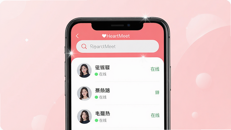 ����ΪHeartMeet�ֻ�APP����Ԥ��ͼ������Ϊ����չʾ�ֻ���Ļ����Ļ����ʾ���������б����棬���������������·��Ǽ���ͷ�������״̬������Ϊ��͵ĵ���ɫ���䣬�Ű������ִ���������¼�Լ��ϸ�ڴ�����΢�ĸ߹�Ч�������ʸ��壬�ɾ����޶���Ԫ�أ����ְ���