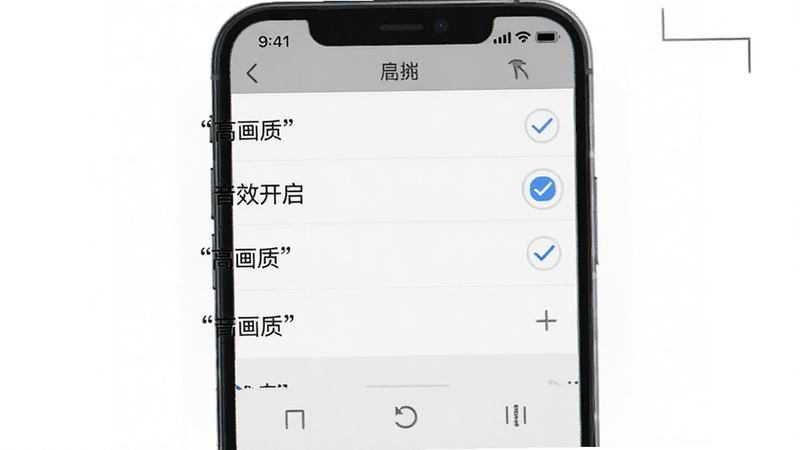 主体为手机屏幕截图,显示游戏设置界面,布局列表式,排版清晰,风格为现代UI,细节勾选'高画质'与'音效开启'选项,文字'高画质'加引号,画质清晰,干净,无多余元素