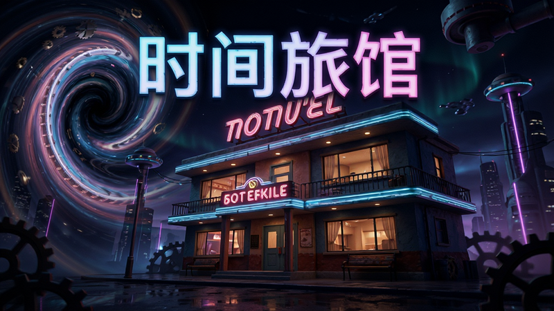 主体为名为'时间旅馆'的移动游戏宣传海报,布局居中,排版大气,风格为超现实主义与赛博朋克结合,细节展现扭曲的时间漩涡与复古旅馆外观,画质4k高清,干净,无多余元素