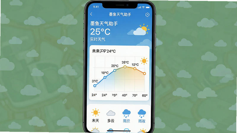 ����Ϊī����������APP���������ͼ������������������ʾ��ǰ����������ʵʱ�¶ȣ��м䲿��չʾδ��24Сʱ��������ͼ���ײ��������졢���ơ����������ͼ�꣬�Ű��������򣬷���Լ�ִ���ϸ�ڴ�����ϸ΢���ƶ���̫��ʸ��ͼ�Σ����ʸ��壬�ɾ��޶���Ԫ�أ�����������ʾ��ī���������֡�����ʵʱ������