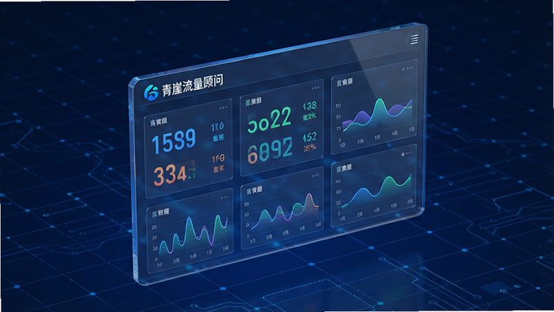 一张展示实时数据监控大屏的3D渲染图,主体为悬浮在空中的透明数据面板,上面显示着跳动的数字和波形图,背景是深蓝色的科技网格,排版立体感强,风格未来主义,细节丰富,显示“青崖流量顾问”Logo,画质高清,干净,无多余元素