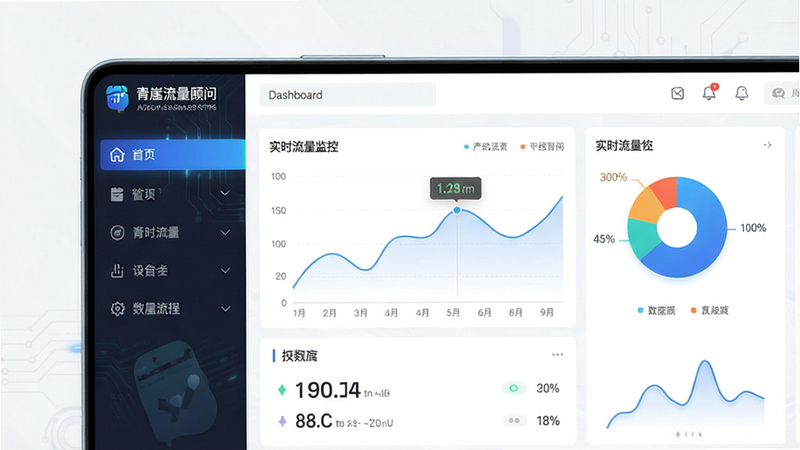 一张现代极简风格的软件界面预览图,主体为“青崖流量顾问”安卓版操作界面,布局清晰,左侧为导航栏,右侧为数据仪表盘,包含折线图和饼图,排版整洁,风格科技感强,细节处显示“实时流量监控”字样,画质清晰,干净,无多余元素