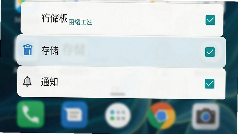 一张手机设置权限界面的示意图,主体为Android系统的权限管理列表,高亮显示“存储”和“通知”选项,背景为模糊的手机桌面,布局清晰,排版规范,风格系统原生,细节显示勾选状态,画质清晰,干净,无多余元素