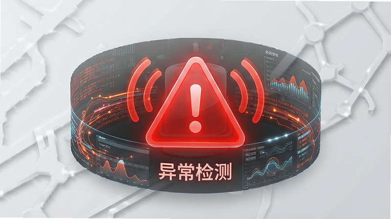 一张智能预警系统的概念图,主体为一个红色的警报图标周围环绕着数据流,背景为灰白色调,布局中心突出,排版简洁,风格警示与科技结合,细节显示“异常检测”字样,画质锐利,干净,无多余元素