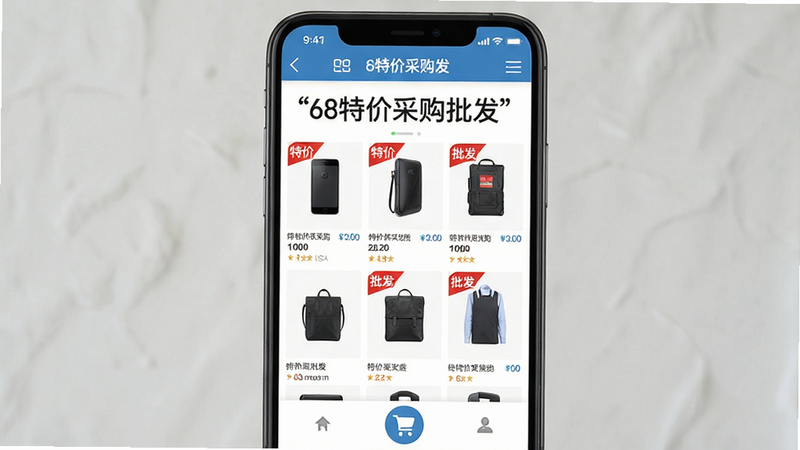 主体为手机屏幕特写,显示'68特价采购批发'APP首页,界面清爽,顶部导航栏清晰,中间展示商品瀑布流,包含'特价'、'批发'红色标签,底部有购物车图标,布局为垂直居中,排版简洁,风格为扁平化商务风,细节清晰,高清,干净,无多余元素,文字'68特价采购批发'加引号