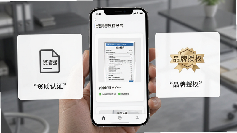 主体为手机屏幕显示商品详情,包含'质检报告'图片预览、'品牌授权'标签,布局为卡片式,排版简洁,风格商务,细节为文件图标,高清,干净,无多余元素,文字'资质认证'加引号