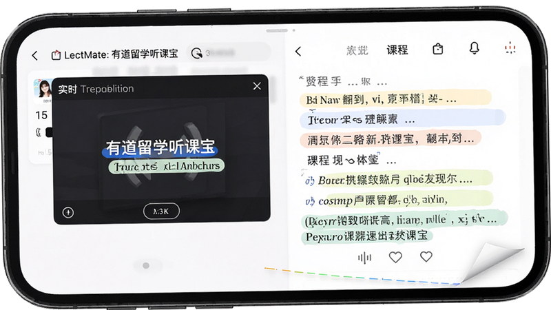 主体为LectMate: 有道留学听课宝 的手机应用界面截图,布局清晰展示实时翻译窗口与课程笔记区域,排版整洁有序,风格现代简约,细节处体现双语对照的高亮效果,画质高清纯净,无多余元素