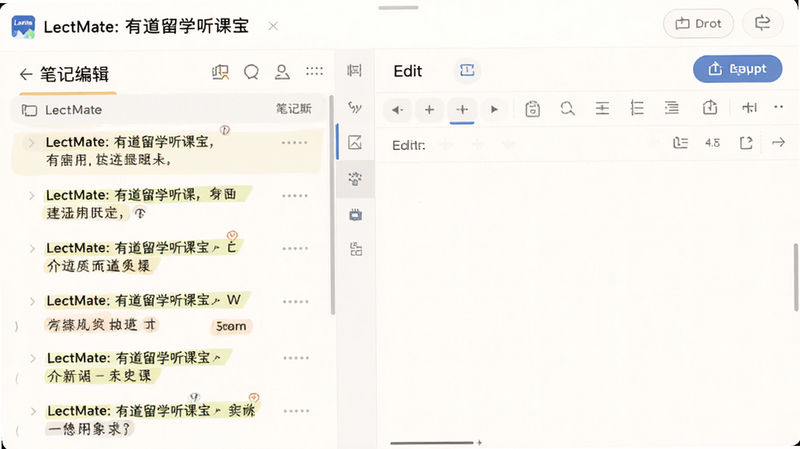 主体为LectMate: 有道留学听课宝 的笔记编辑页面,布局展示分栏式的笔记列表与编辑区,排版井然有序,风格温馨专业,细节体现高亮标记与导出按钮,画质细腻,无多余元素