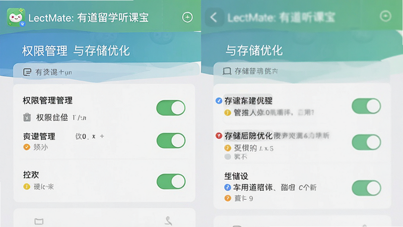主体为LectMate: 有道留学听课宝 的移动端设置界面,布局展示权限管理与存储优化选项,排版清晰,风格扁平化,细节体现开关状态与提示图标,画质清晰,无多余元素