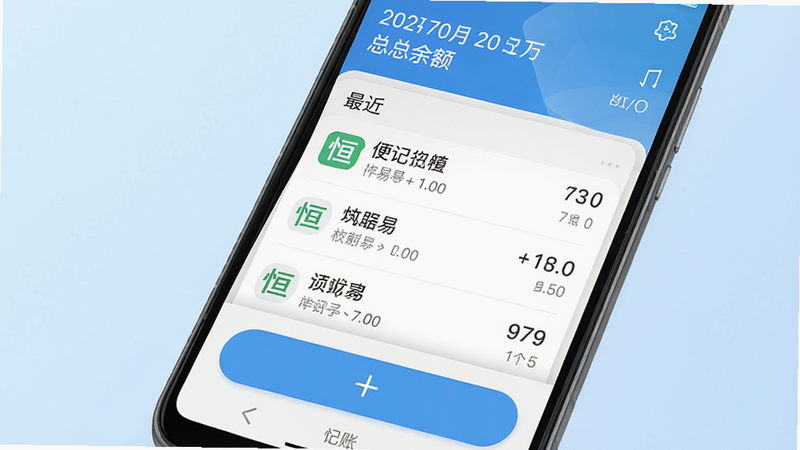 主体为安卓手机屏幕特写,显示恒记APP首页界面,背景为柔和的浅蓝色渐变,布局清晰,顶部显示日期与总余额,中部为最近三笔交易列表,底部为醒目的“+”号记账按钮,风格简约现代,细节丰富,画质高清,干净,无多余元素,文字“恒记”清晰可见