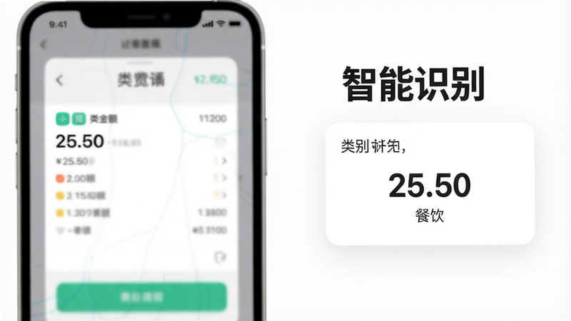 主体为手机屏幕界面,展示智能识别记账功能,画面左侧为一张模糊的支付截图,右侧为APP解析后的结果卡片,包含金额“25.50”和类别“餐饮”,背景为白色,布局左右对比鲜明,风格科技感强,细节清晰,画质高清,干净,无多余元素,文字“智能识别”加粗显示