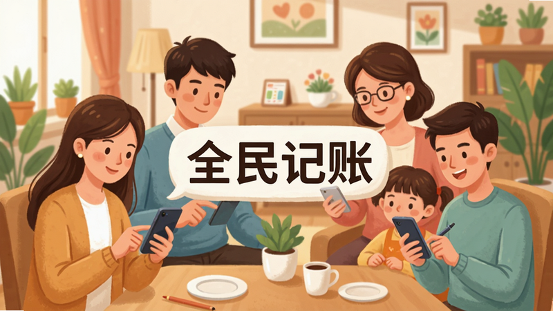 主体为多人使用手机记账的场景插画,画面中包含年轻人、家庭主妇等角色,手持手机,背景为温馨的家庭环境,布局和谐,风格卡通写实结合,细节丰富,画质高清,干净,无多余元素,文字“全民记账”居中显示