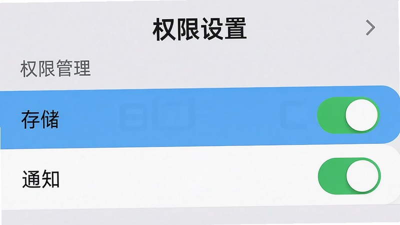 主体为手机设置界面截图,显示“权限管理”列表,高亮显示“存储”和“通知”权限开关为开启状态,背景为浅灰色,布局垂直排列,风格简洁,细节清晰,画质高清,干净,无多余元素,文字“权限设置”加粗显示