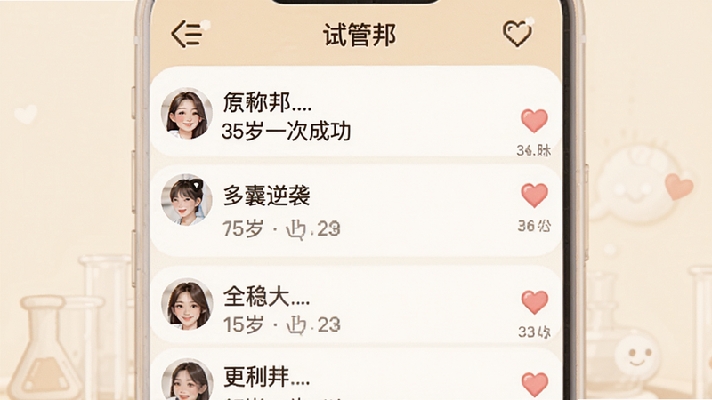 主体是“试管邦”APP内的社区帖子列表,显示着带有用户头像和昵称的帖子标题,如“35岁一次成功”、“多囊逆袭”等。布局为垂直滚动列表,右侧有爱心点赞图标。排版紧凑有序。风格温馨亲切,使用柔和的米色背景。细节处体现文字清晰可读,画质高保真,无模糊