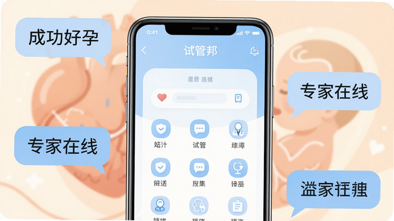主体为一部现代智能手机,屏幕显示着“试管邦”APP的界面,背景是柔和的暖色调医疗风格插画,包含抽象的爱心和婴儿轮廓。布局上手机居中,周围环绕着几个对话气泡,分别写着“成功好孕”、“专家在线”等字样。排版整洁,无多余杂乱元素。风格为扁平化UI设计,色彩以淡蓝和白色为主,传达专业与安心感。细节处体现界面图标清晰,画质高清,干净无噪点