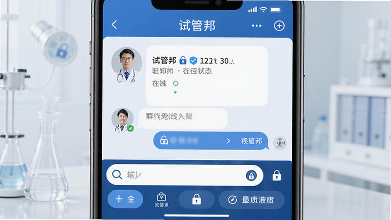 主体是“试管邦”APP内的医生咨询界面,显示着医生的头像、职称及在线状态。布局上方是聊天窗口,下方是输入框和功能按钮。排版对称平衡。风格专业严肃,蓝色调为主。细节处显示加密标识和安全锁图标,画质细腻,无多余装饰
