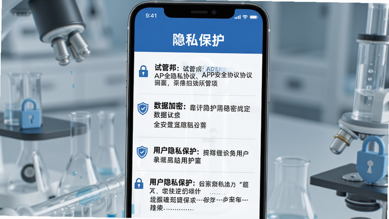 主体是“试管邦”APP的安全隐私协议页面,显示着关于数据加密和用户隐私保护的条款摘要。布局为长文本列表,顶部有醒目的“隐私保护”标题。排版整齐,重点条款加粗。风格严肃专业,蓝白配色。细节处显示锁形图标和盾牌符号,画质高清,无模糊