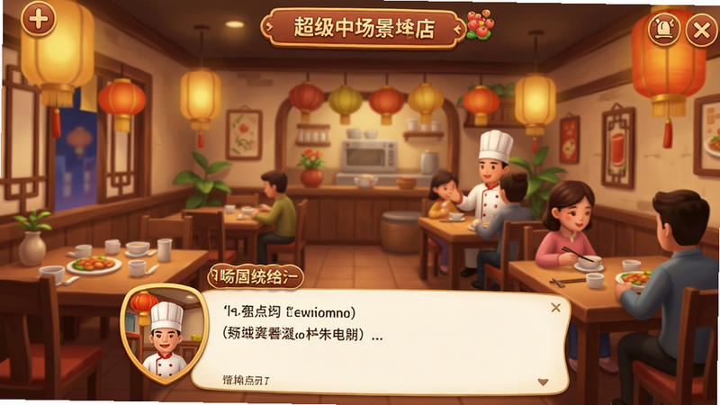 SuperChinese 场景模拟界面,显示一个虚拟的中餐厅场景,人物对话框中显示中文点餐用语,背景温馨,细节丰富,高分辨率插画风格,无水印