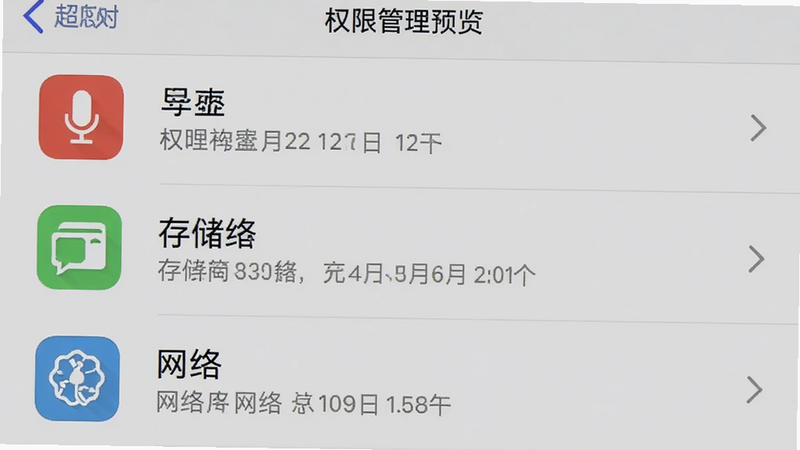 SuperChinese 手机端设置界面预览,显示权限管理列表,麦克风、存储、网络图标清晰,背景为浅灰色,布局整齐,高清界面截图,无水印