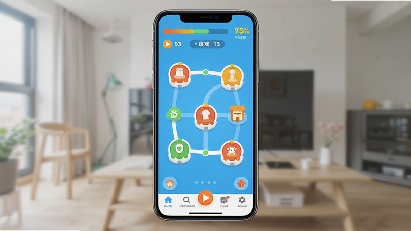 SuperChinese App 界面全景展示,手机竖屏布局,屏幕中央显示游戏化学习地图,包含多个关卡节点,顶部有进度条和积分显示,底部为导航栏。风格为现代扁平化设计,色彩明亮活泼,细节清晰,高清画质,无多余装饰元素