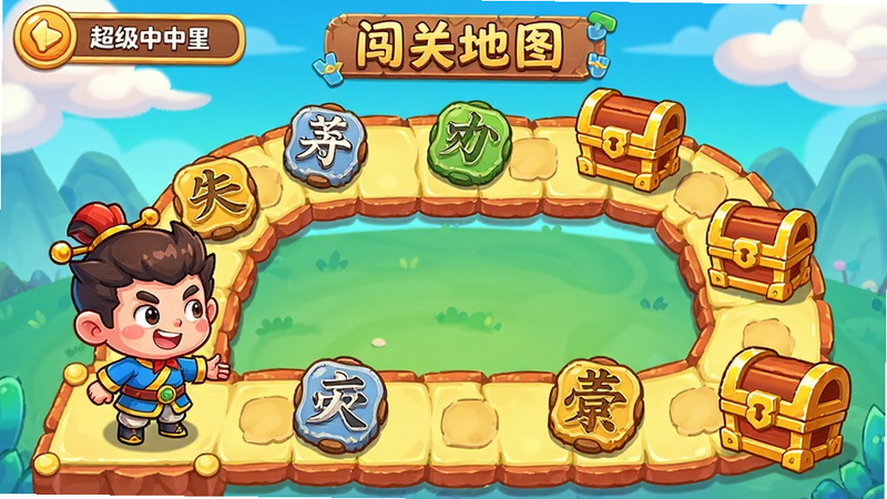 SuperChinese 闯关地图界面,卡通风格角色站在起点,路径上分布着汉字图标和宝箱,色彩鲜艳,布局清晰,充满童趣,高质量游戏美术风格,无模糊边缘