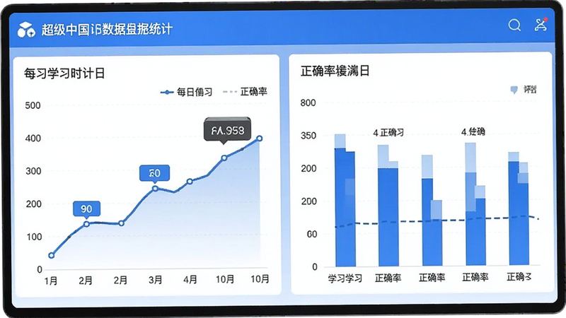 SuperChinese 数据统计仪表盘,显示折线图和柱状图,展示每日学习时长和正确率,界面简洁现代,蓝白配色,数据标签清晰,高清屏幕截图风格,无杂乱元素