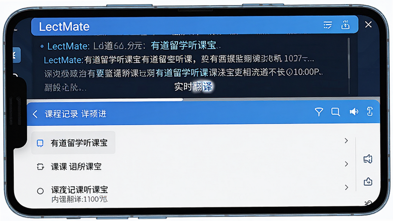 主体为LectMate: 有道留学听课宝安卓应用界面,布局清晰分为上下两部分,上部为实时字幕滚动区域,下部为课程记录列表。排版简洁现代,风格为科技蓝与白色搭配,细节展示高亮关键词效果,画质高清,干净无多余元素,文字包含
