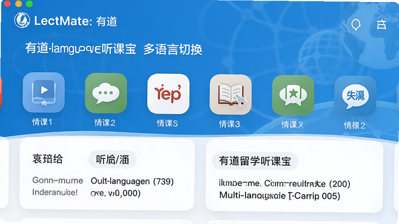 主体为LectMate: 有道留学听课宝多语言切换界面,布局展示多种语言图标并列,排版整齐,风格国际化,细节展示中文与英文对照翻译卡片,画质高清,干净无多余元素,文字包含