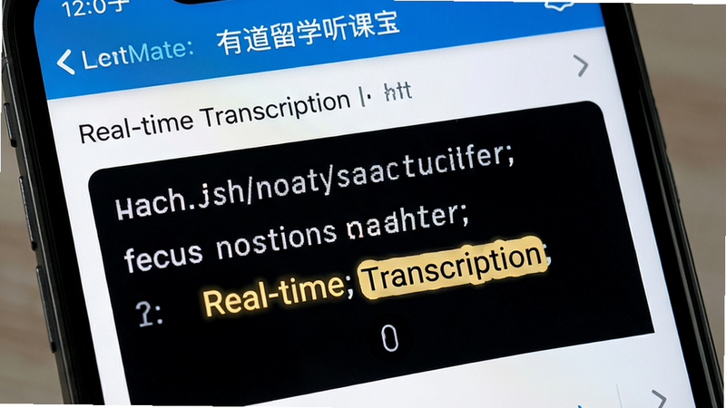 主体为LectMate: 有道留学听课宝界面特写,布局聚焦于字幕生成区域,排版紧凑有序,风格简洁明快,细节展示英文句子逐字出现并高亮当前发音词,画质清晰,干净无多余元素,文字包含