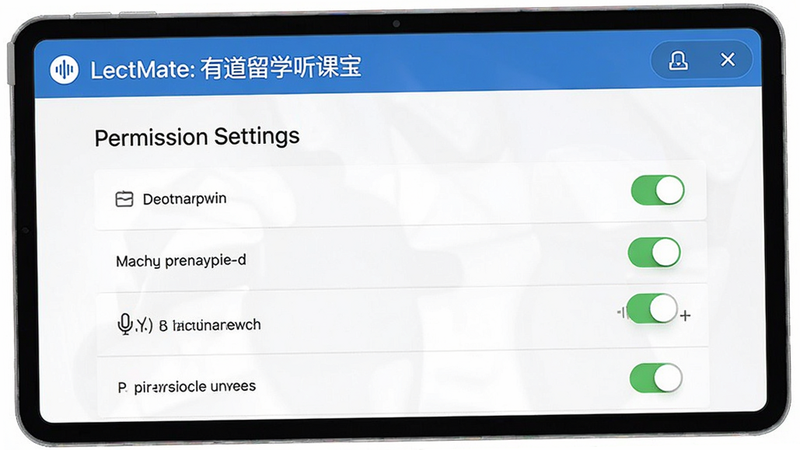 主体为LectMate: 有道留学听课宝设置界面,布局展示权限管理列表,排版清晰,风格简洁,细节展示麦克风权限开关状态,画质高清,干净无多余元素,文字包含