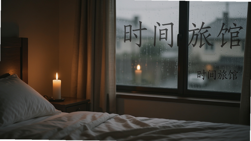 主体为旅馆房间一角,窗外雨景,室内烛火摇曳,布局留白得当,排版艺术感强,风格为忧郁唯美,细节如织物褶皱和玻璃反光,画质柔和,干净,无多余元素,文字包含