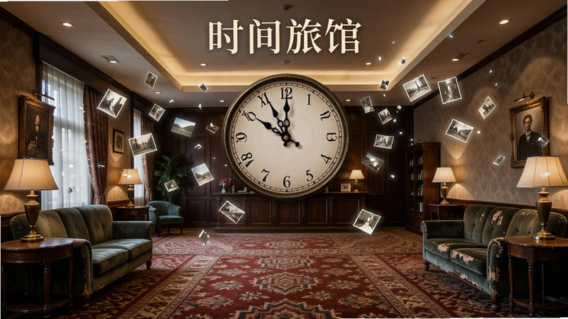 主体为旅馆大厅内部,钟表指针逆时针旋转,空气中漂浮着碎片化的记忆光点,布局对称,排版平衡,风格为神秘奇幻,细节如地毯纹理和家具磨损,画质细腻,干净,无多余元素,文字包含