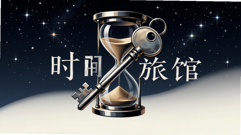 主体为象征时间的沙漏与旅馆钥匙交叠,背景为星空,布局中心对称,排版抽象艺术,风格为哲学意象,细节如沙粒流动和金属反射,画质深邃,干净,无多余元素,文字包含