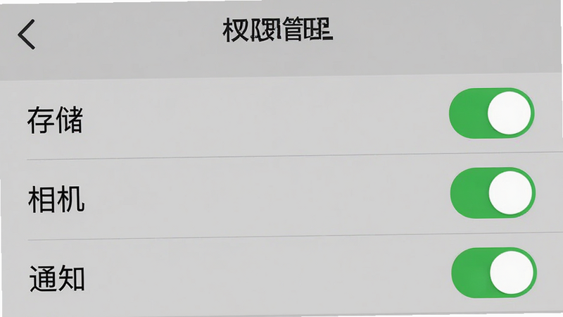 主体为经营帮APP权限设置界面,布局为列表形式,风格为系统原生设置风,色彩为灰白背景,细节展示“存储”、“相机”、“通知”三个开关处于开启状态,画质清晰,干净,无多余元素,文字包含“权限管理”
