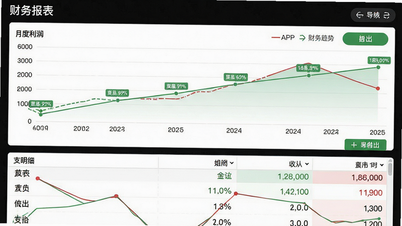 主体为经营帮APP财务报表界面,布局为上下结构,上部为月度利润趋势折线图,下部为收支明细表格,风格为专业金融风,色彩以白色背景搭配绿色收入与红色支出标识,细节包含数据标签与导出按钮,画质高清,干净,无多余元素,文字包含“财务报表”