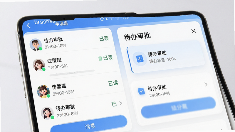 主体为经营帮APP消息与审批界面,布局为聊天列表与待办卡片组合,风格为清新科技风,色彩以白色为主搭配蓝色交互元素,细节展示头像、时间戳与“已读”标识,画质精致,干净,无多余元素,文字包含“待办审批”