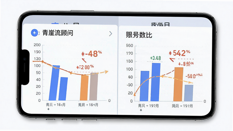 青崖流量顾问竞品对比界面,主体为手机屏幕,显示两个账号的数据对比柱状图,布局上下结构,排版紧凑,风格商务风,细节包含差异值标注,画质锐利,干净,无多余元素