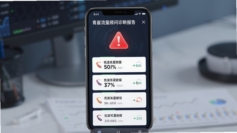 青崖流量顾问诊断报告界面,主体为手机屏幕,显示红色警告图标与优化建议列表,布局垂直排列,排版简洁,风格科技感,细节包含数据百分比,画质清晰,干净,无多余元素