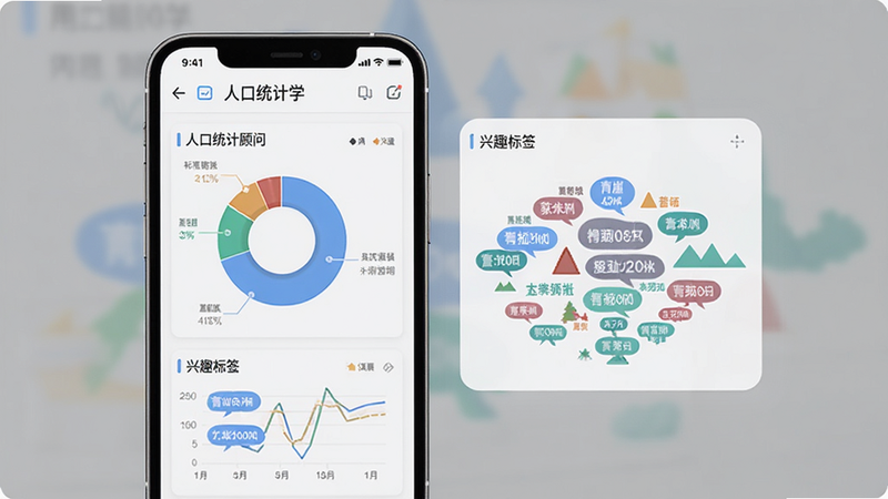 青崖流量顾问用户画像界面,主体为手机屏幕,显示人口统计学图表与兴趣标签云,布局左右分栏,排版对称,风格扁平化,细节包含标签高亮,画质细腻,干净,无多余元素