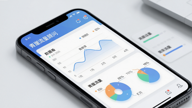 青崖流量顾问应用主界面预览图,主体为手机屏幕,显示数据仪表盘,布局清晰,排版规整,风格现代简约,细节包含折线图与饼图,画质高清,干净,无多余元素