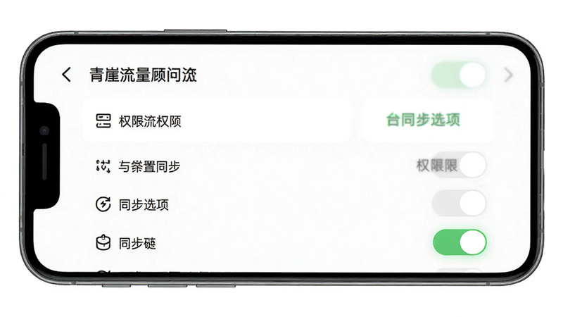 青崖流量顾问设置界面预览,主体为手机屏幕,显示权限开关与同步选项,布局列表式,排版整齐,风格简洁,细节包含开关状态,画质清晰,干净,无多余元素