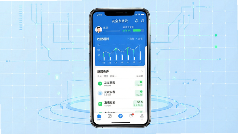 主体为一部竖屏智能手机,屏幕显示“友宝友客云”APP界面,背景为淡蓝色科技感网格。布局清晰,顶部有状态栏,中间为数据看板,底部为导航栏。风格为现代扁平化UI设计,色彩以蓝白为主,点缀绿色状态标识。细节丰富,展示数据图表和列表项。画质超清,干净,无多余元素,文字清晰可读,整体呈现专业、高效的商务办公氛围